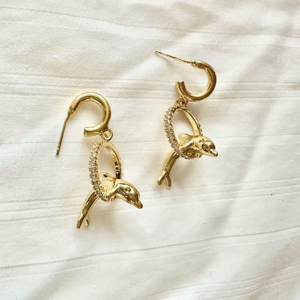 Dolphin hoop dangle gold color cubic zirconia earrings